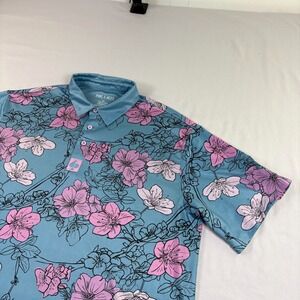 Pins & Aces Polo Shirt Men 2XL Blue Pink Floral Golf Performance Stretch Wicking